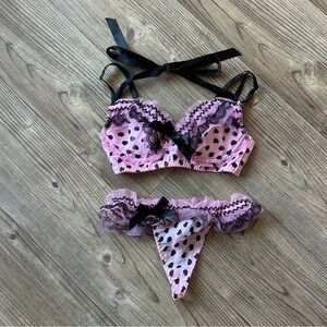 Be Wicked Vintage High End Pink and Black Polka Dot Heart Lace Lingerie Set NWOT
